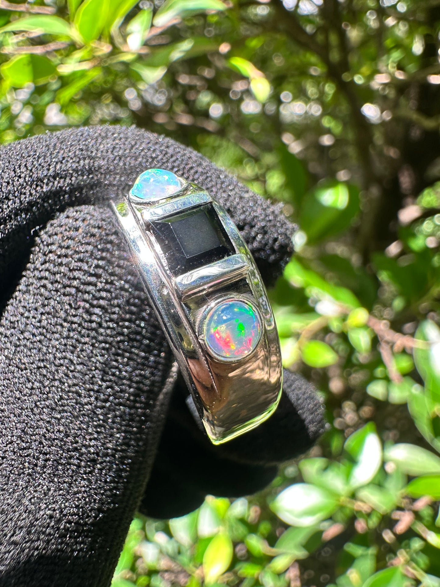 Sterling silver ring with Black Onyx and Opal side stones – elegant gemstone jewellery gift for him