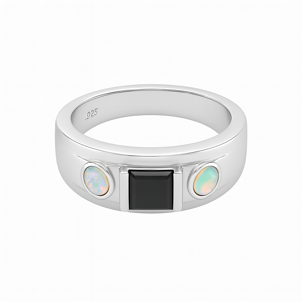 Sterling silver ring with Black Onyx and Opal side stones – elegant gemstone jewellery gift for him