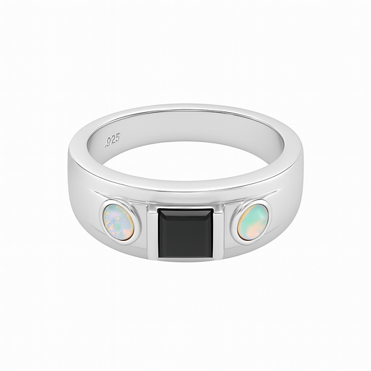Sterling silver ring with Black Onyx and Opal side stones – elegant gemstone jewellery gift for him