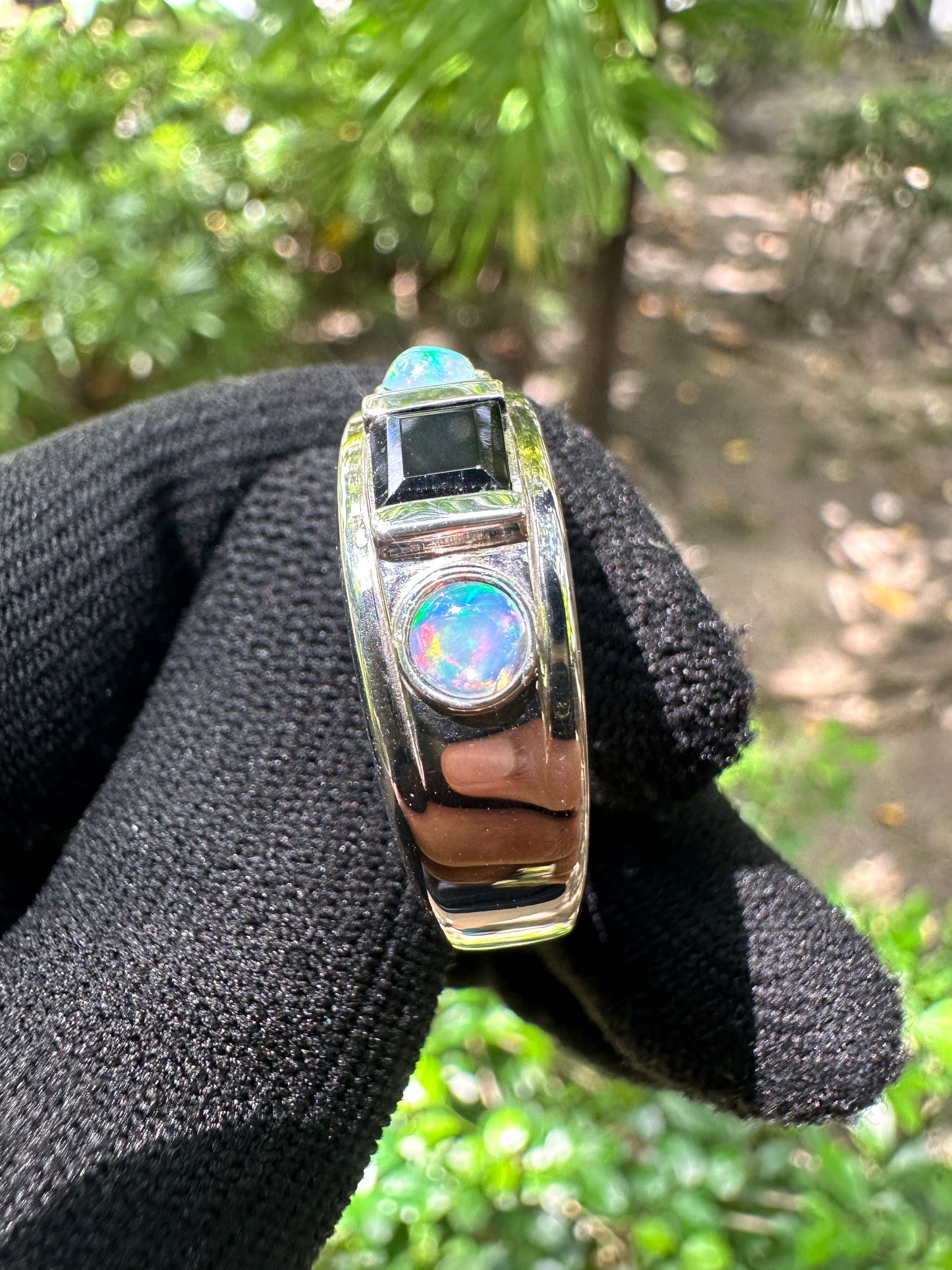 Sterling silver ring with Black Onyx and Opal side stones – elegant gemstone jewellery gift for him