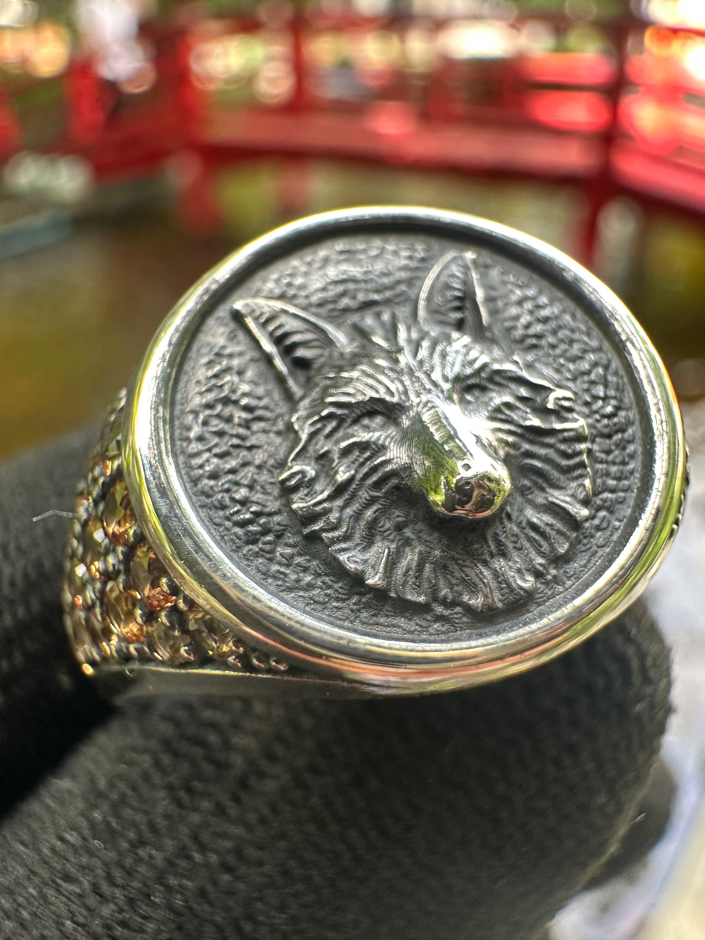 Bold 925 sterling silver wolf ring with radiant yellow sapphire—perfect unisex September birthstone jewellery symbolising strength and clarity