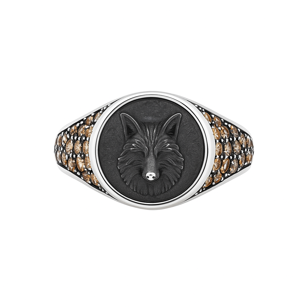 Bold 925 sterling silver wolf ring with radiant yellow sapphire—perfect unisex September birthstone jewellery symbolising strength and clarity