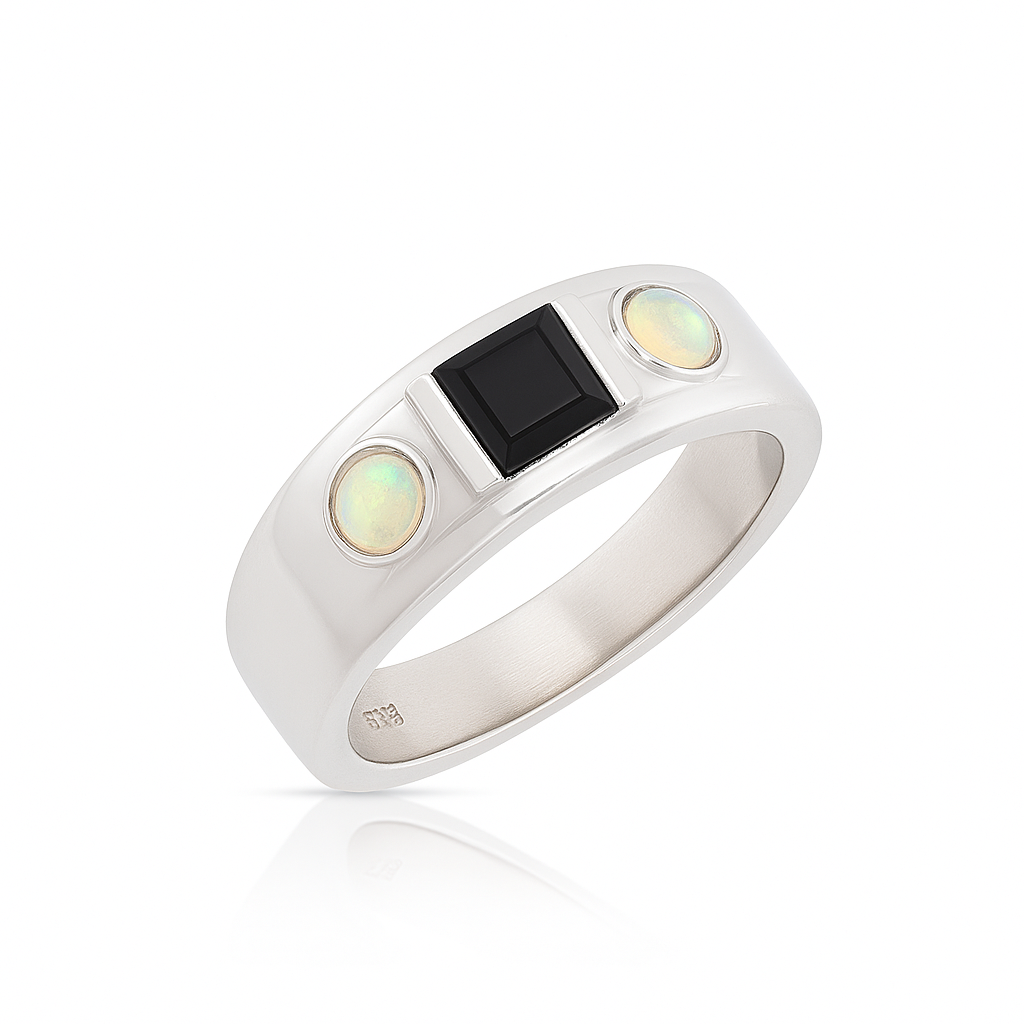 Sterling silver ring with Black Onyx and Opal side stones – elegant gemstone jewellery gift for him