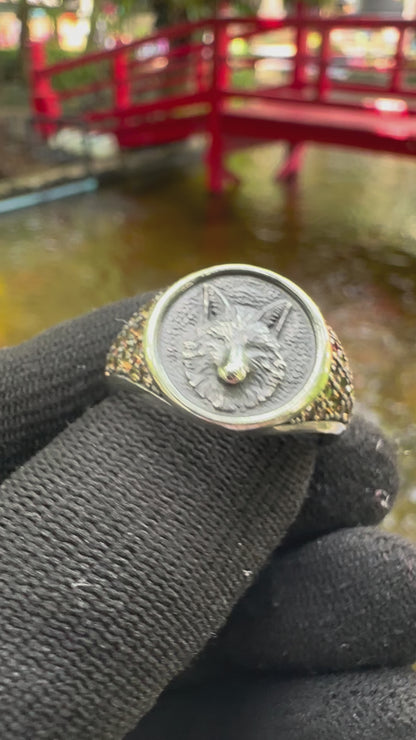 Bold 925 sterling silver wolf ring with radiant yellow sapphire—perfect unisex September birthstone jewellery symbolising strength and clarity