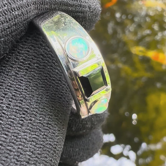Sterling silver ring with Black Onyx and Opal side stones – elegant gemstone jewellery gift for him