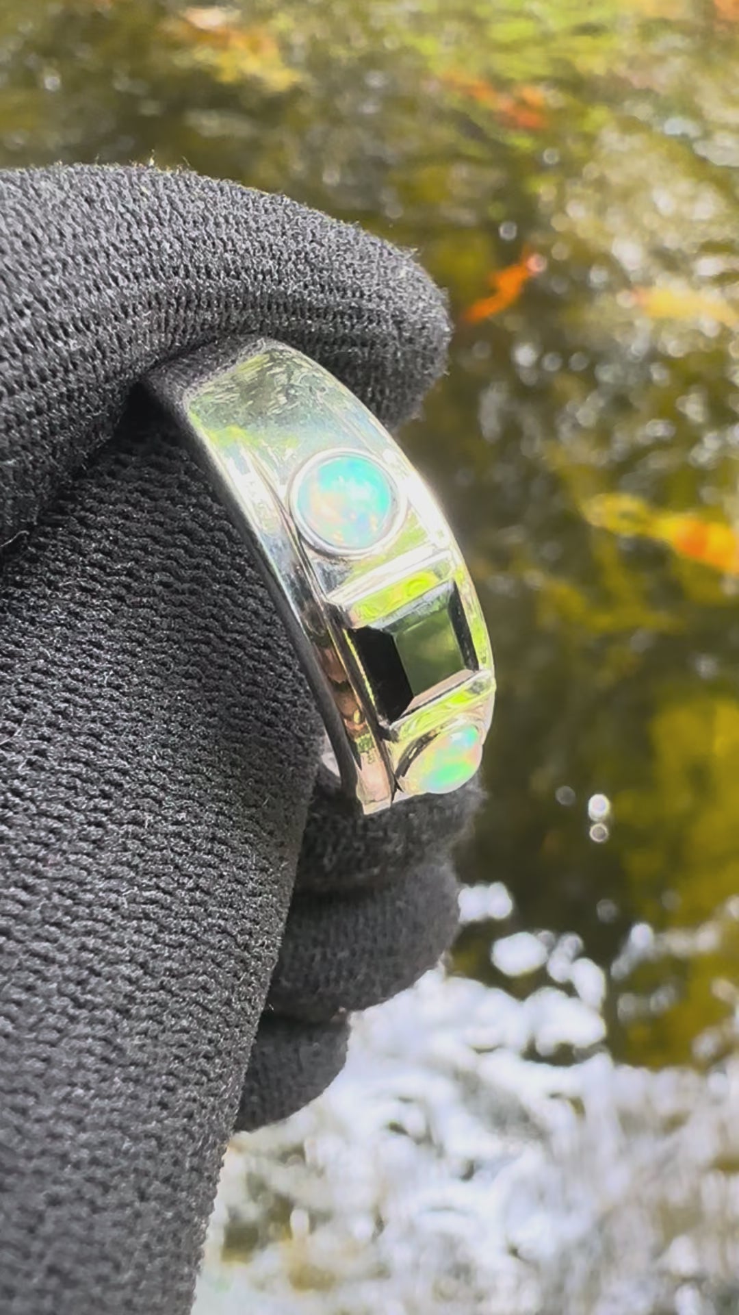 Sterling silver ring with Black Onyx and Opal side stones – elegant gemstone jewellery gift for him